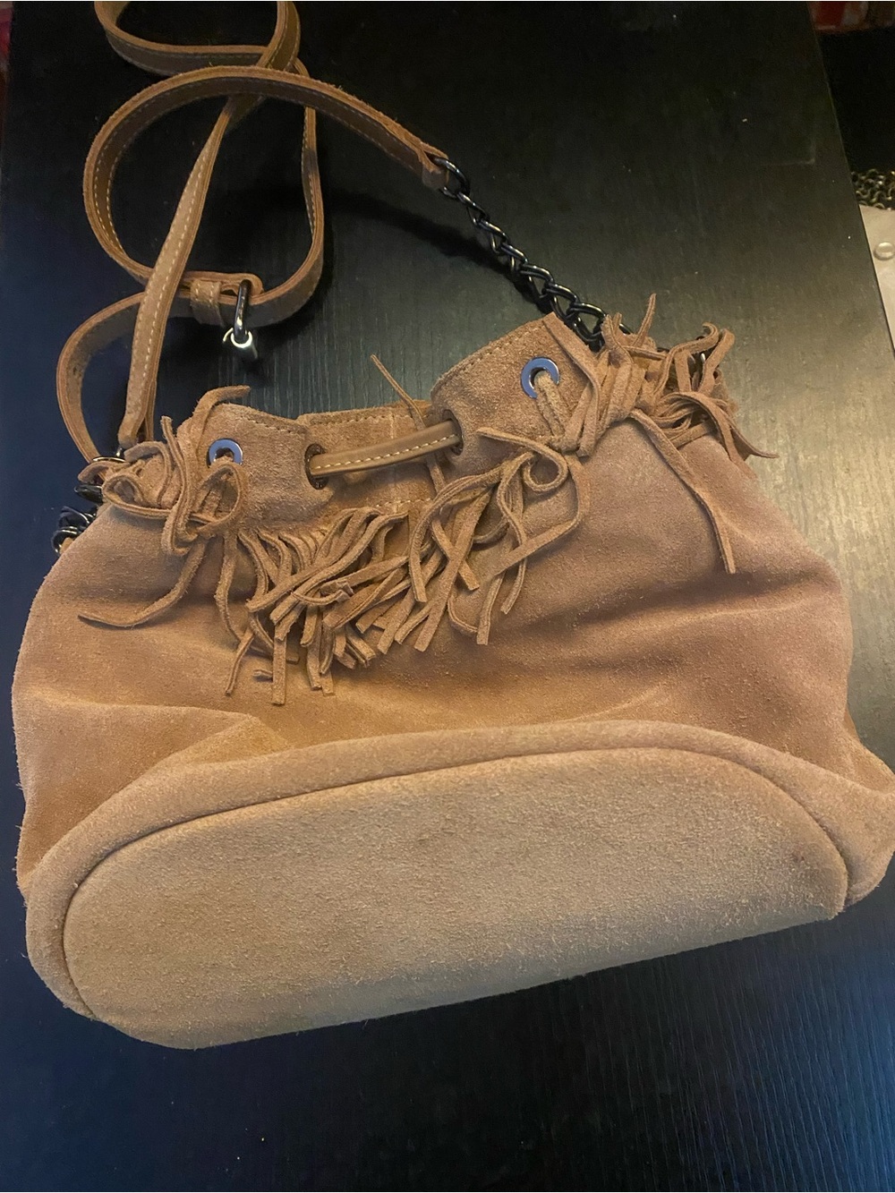 Longchamp Tan Suede Fringe Bucket Crossbody Bag - Picture 2 of 4